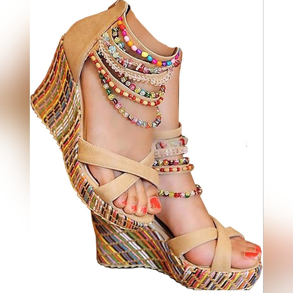 NEW Wedge Platform Sandals with Beads (Beige/Multi) - getmorebeauty